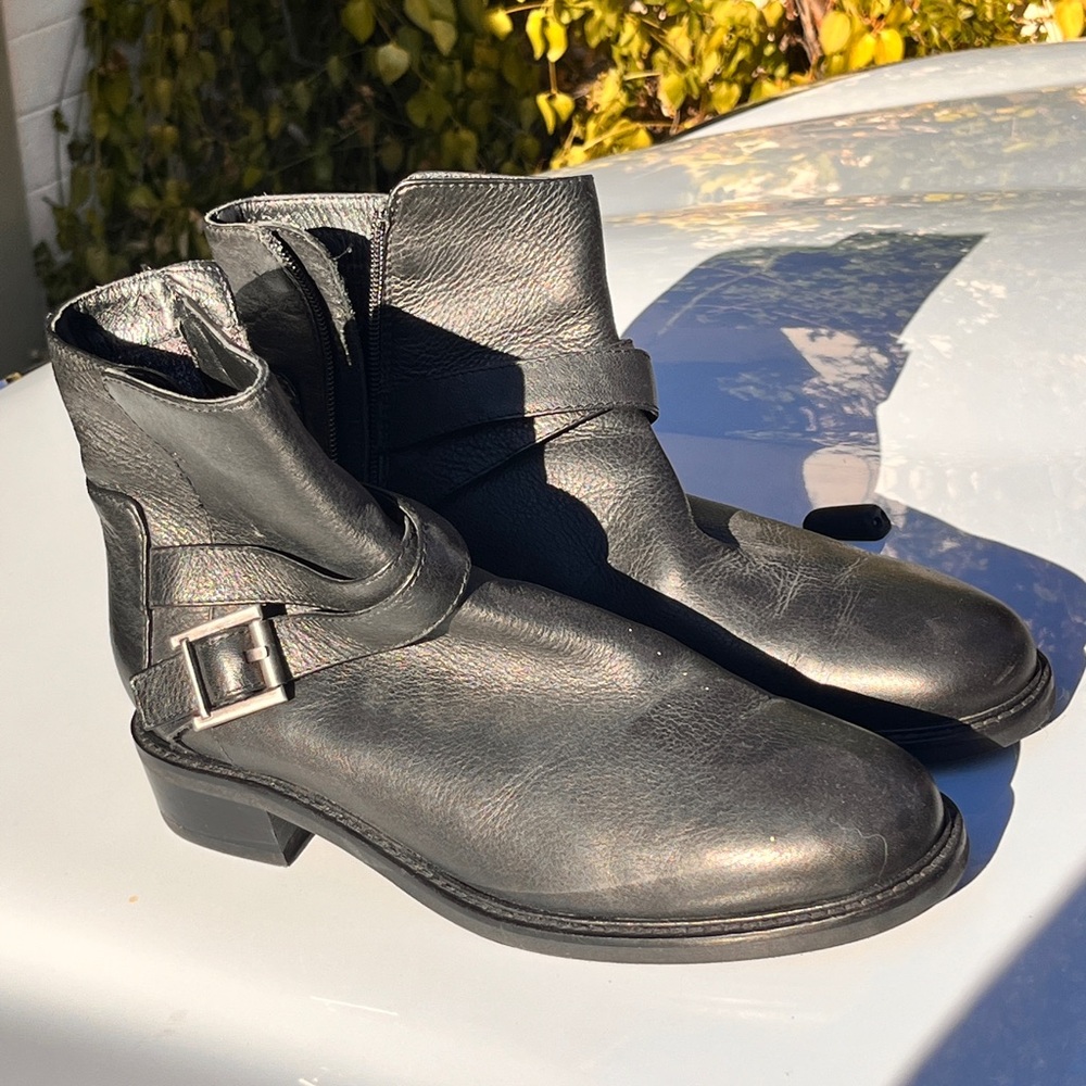 Black real Italian leather Aquatalia moto style ankle boots